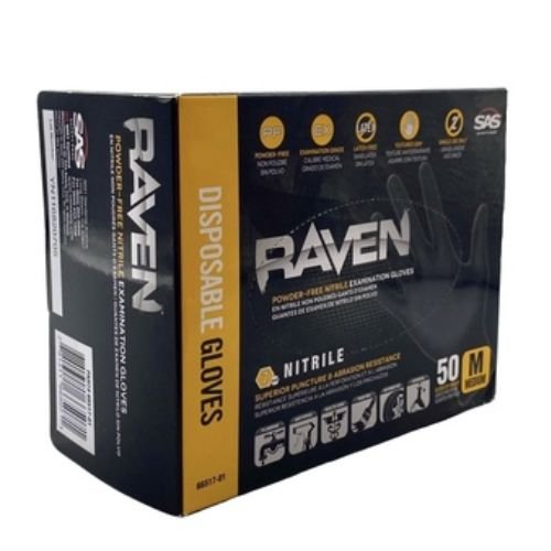 SAS® Raven Medium Black Nitrile Gloves, Box of 50 - SAS Disposable Gloves