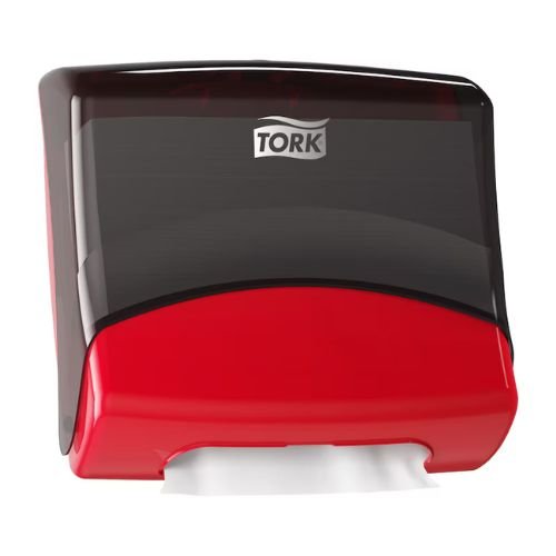Tork 6540281 Folded Wiper Dispenser | Red and Black - Tork Shop Supplies